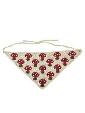Handmade Crochet Red Mushroom Pattern Bandana Scarf With Adjustable Ties Beige 2